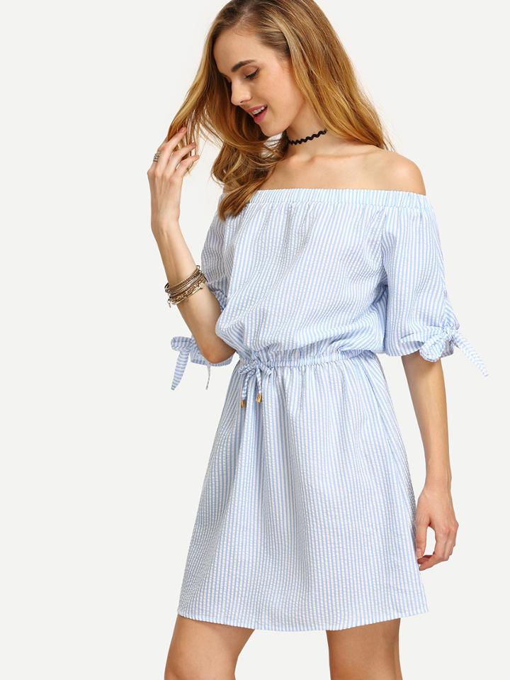 Shein Blue Striped Off The Shoulder Tie Waist Dress