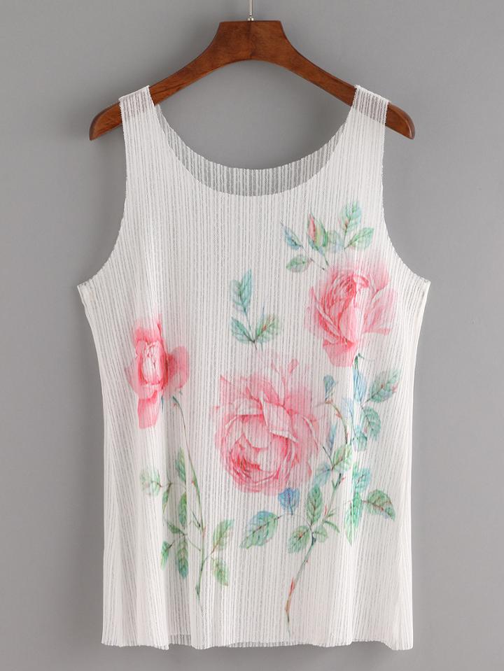 Shein Rose Print Mesh Tank Top - White
