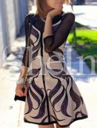 Shein Apricot Mesh Sheer Sleeve Leaf Print Dress