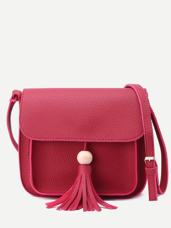 Shein Burgundy Pebbled Pu Tassel Trim Flap Shoulder Bag