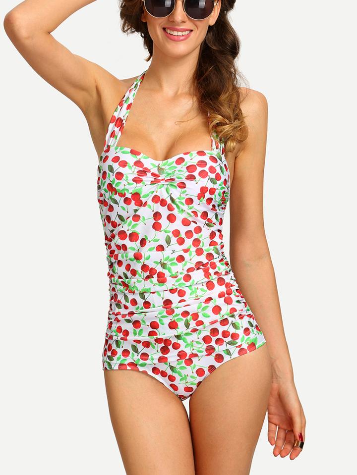 Shein Ruched Cherry Print One-piece Swimwear - White