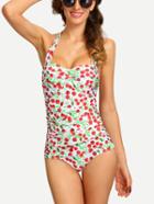 Shein Ruched Cherry Print One-piece Swimwear - White