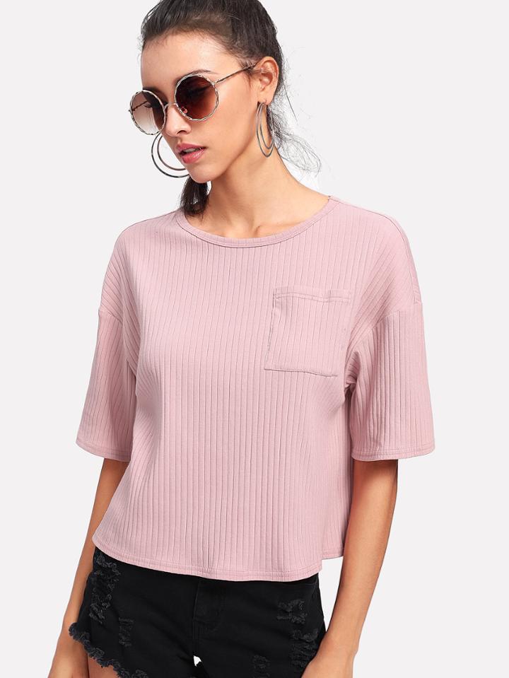 Shein Patch Pocket Drop Shoulder Ribbed Tee