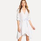 Shein Gathered Sleeve Wrap Front Pinstripe Dress