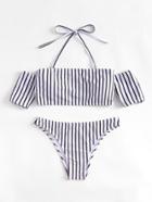 Shein Striped Halter Off The Shoulder Bikini Set
