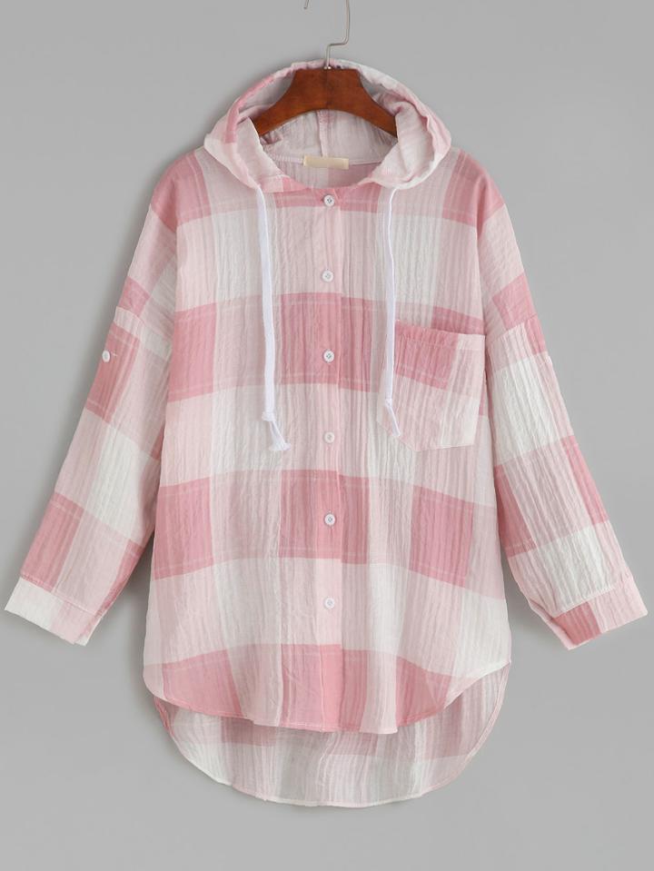 Shein Pink Plaid Roll Tab Sleeve High Low Hooded Blouse