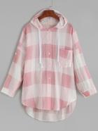 Shein Pink Plaid Roll Tab Sleeve High Low Hooded Blouse