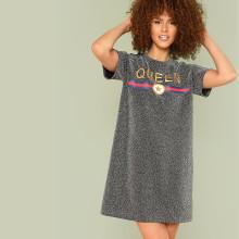 Shein Letter And Stripe Print Glitter Dress