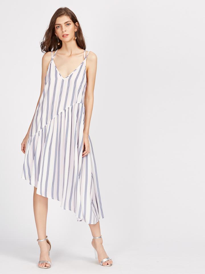 Shein Double Strap Asymmetric Cut And Sew Striped Dress