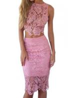 Rosewe Pink Lace Crop Top And Knee Length Skirt