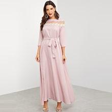 Shein Mesh Contrast Appliques Belted Dress