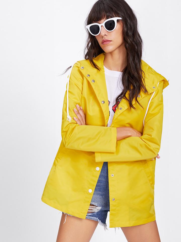 Shein Snap Button Placket Hooded Windbreaker Jacket