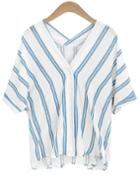 Shein Double V-neck Blue Vertical Striped Blouse