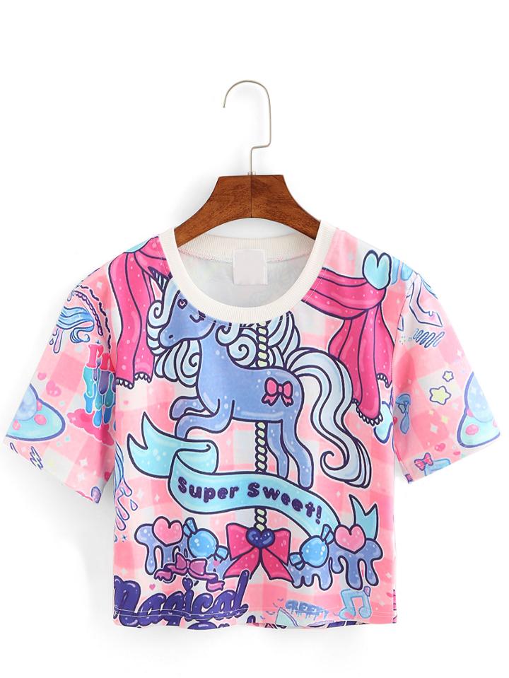 Shein Contrast Neck Unicorn Print Crop T-shirt