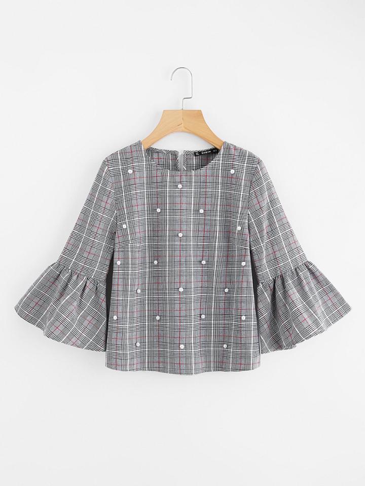 Shein Pearl Beading Trumpet Sleeve Plaid Top
