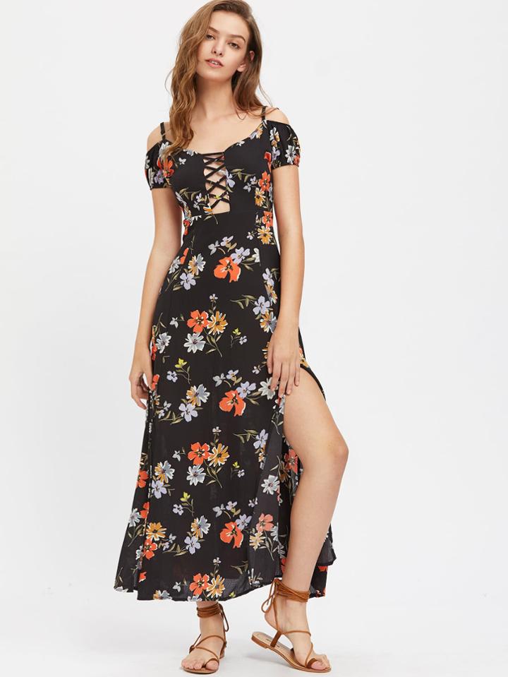 Shein Open Shoulder Floral Print Crisscross Front Slit Dress