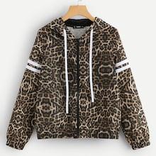 Shein Striped Sleeve Zip Up Leopard Hooded Jacket