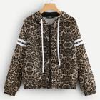 Shein Striped Sleeve Zip Up Leopard Hooded Jacket