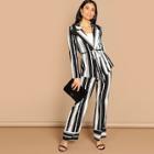 Shein Notch Collar Tie Waist Blazer And Palazzo Pants Set