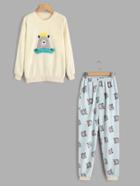 Shein Bear Print Top And Pants Pajama Set