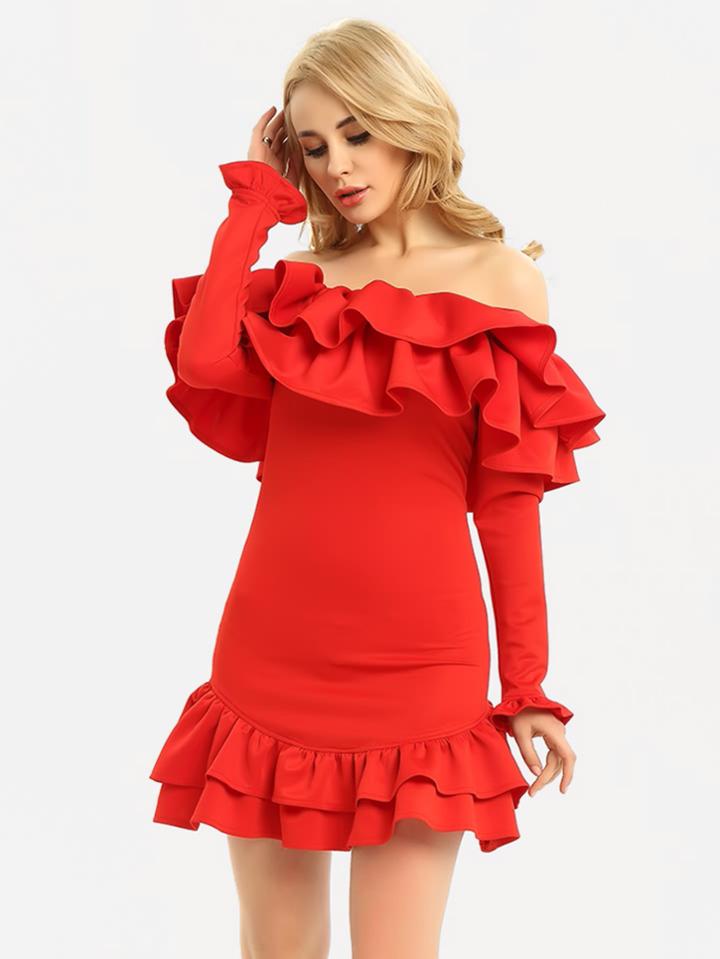 Shein Tiered Exaggerated Frill Bardot Dress