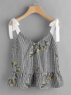 Shein Sash Tie Shoulder Blossom Embroidered Ruffle Gingham Top