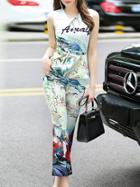 Shein Multicolor Bowtie Top With Print Pants