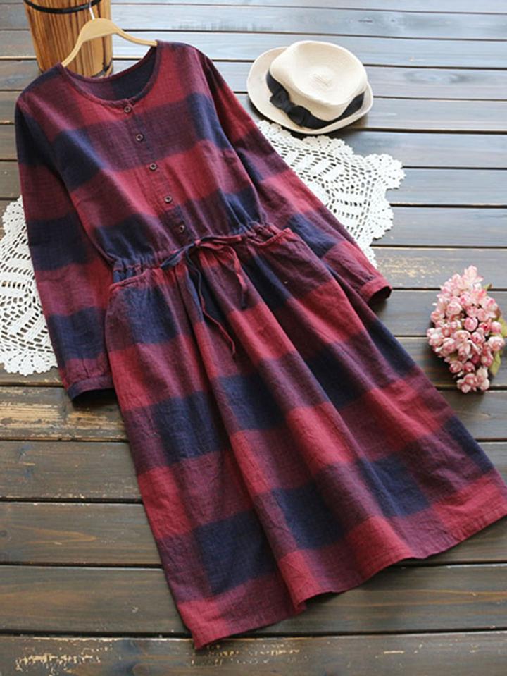 Shein Half Placket Drawstring Waist Check Dress