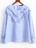 Shein Blue Ruffle Embellished Round Neck Blouse