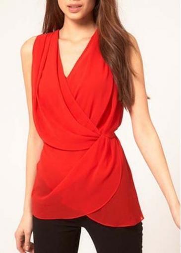Rosewe Red Sleeveless Sheared Waist T Shirt For Women