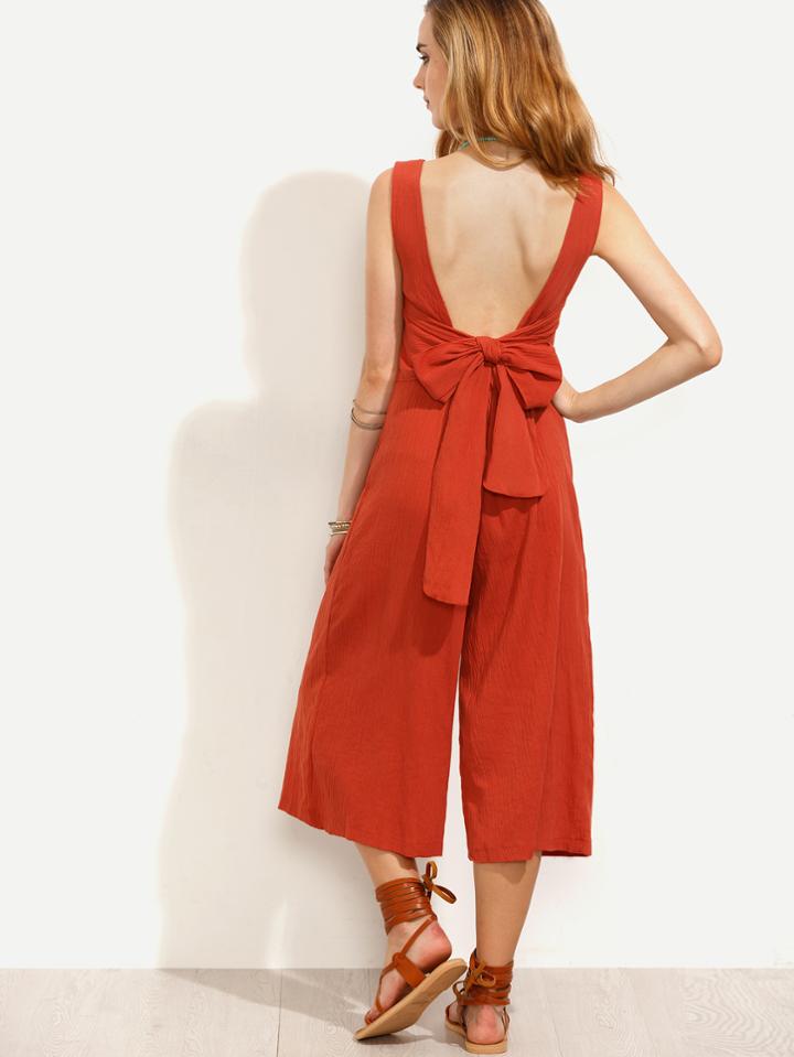 Shein Orange Tie Back Wide Leg Jumpsuit