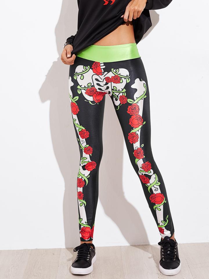 Shein Halloween Skeleton & Rose Leggings