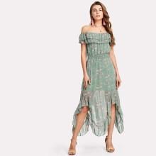 Shein Layered Ruffle Neck Ruched Waist Asymmetrical Dress