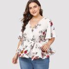Shein Plus Bell Sleeve Belted Floral Wrap Top