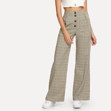 Shein Button Fly Wide Leg Plaid Pants