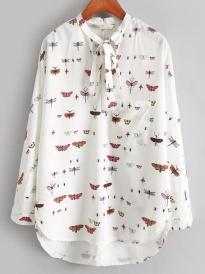 Shein White Tie-neck Insect Print Loose Blouse