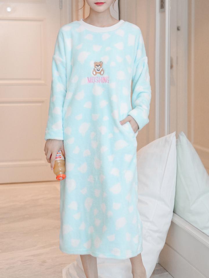 Shein Faux Fleece Drop Shoulder Bear Embroidered Night Dress