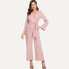 Shein Bell Sleeve Tie Waist Wrap Jumpsuit