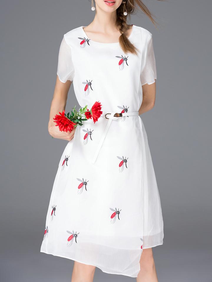Shein White Bees Embroidered Belted Asymmetric Dress