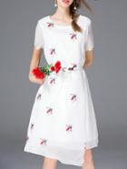 Shein White Bees Embroidered Belted Asymmetric Dress