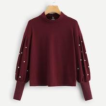 Shein Pearl Embellished Lantern Sleeve Keyhole Back Sweatshirt