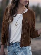 Shein Brown Round Neck Tassel Coat