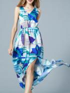Shein Blue V Neck Elastic-waist Split Dress