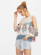 Shein Crochet Yoke Split Back Bell Sleeve Top