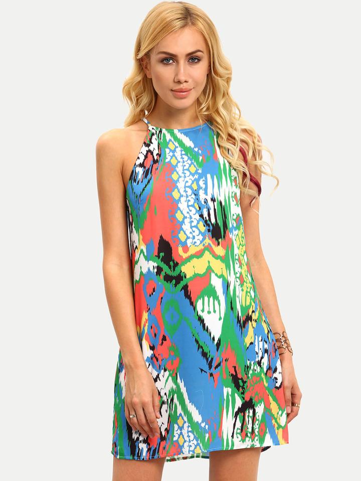 Shein Multicolor Print Sleeveless Hollow Dress
