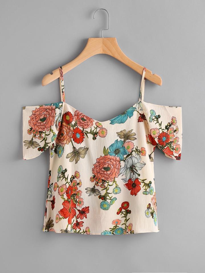 Shein Cold Shoulder Floral Print Top