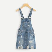 Shein Pocket Front Ripped Denim Pinafore Dress