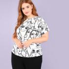 Shein Plus Allover Figure Print Rolled Up Sleeve Tee