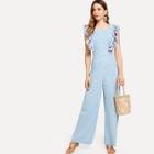 Shein Floral Embroidered Ruffle Trim Wide Leg Jumpsuit