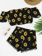 Shein Bardot Sunflower Print Crop Top With Pom Pom Shorts